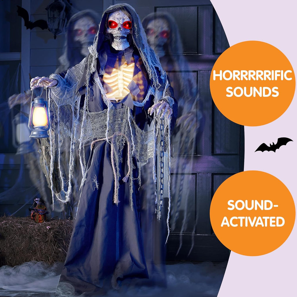 67" Halloween Animatronics Grim Reaper Animated Decoration with Light-Up Eyes E693