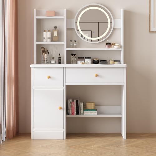 White Vanity Desk with Mirror and Lights, 3 Lighting Modes, Drawers, Open Storage Shelves J3904