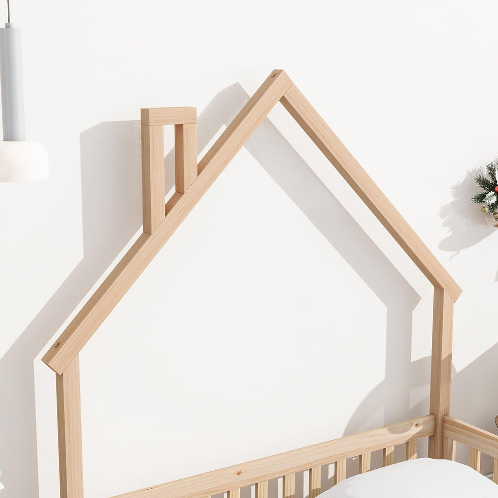Natural Full Size Floor Bed Frame with Fence and Door J194965