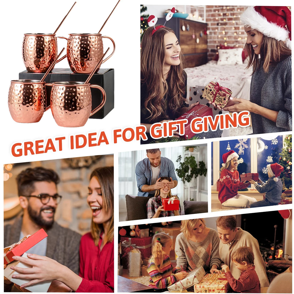 Copper Mugs Set, 18 Stainless Steel Drinking Cup, 4 Cocktail Copper Straws G3376