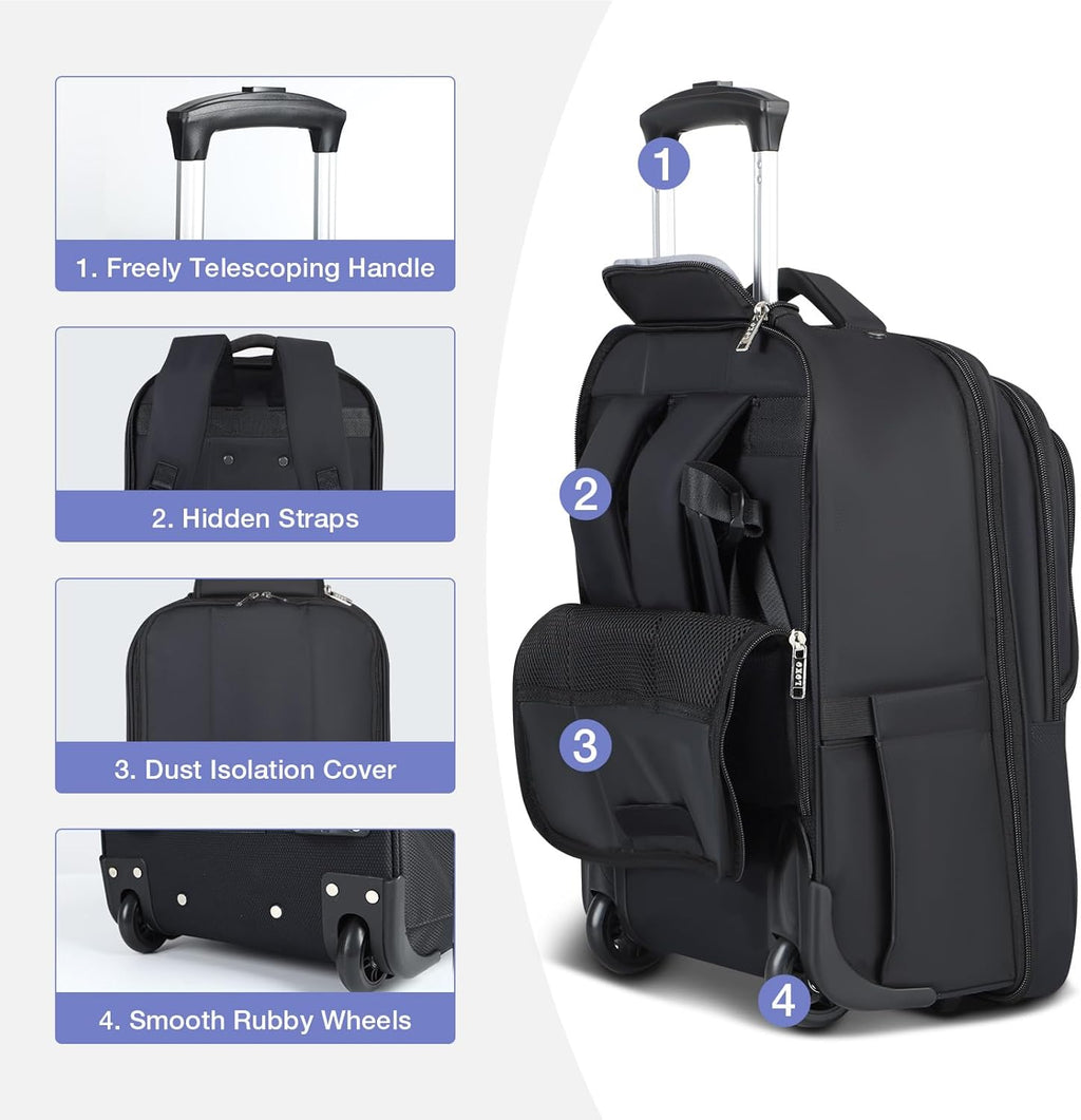 17 Inch Waterproof Black Rolling Backpack with Wheels U3579