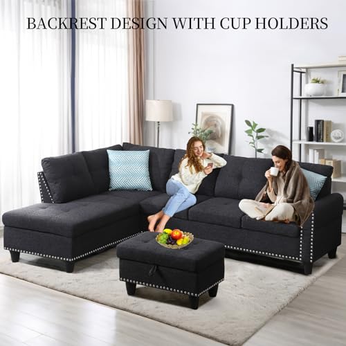 Charcoal Grey L Shaped Sectional Sleeper Sofa with Storage Ottoman L727730