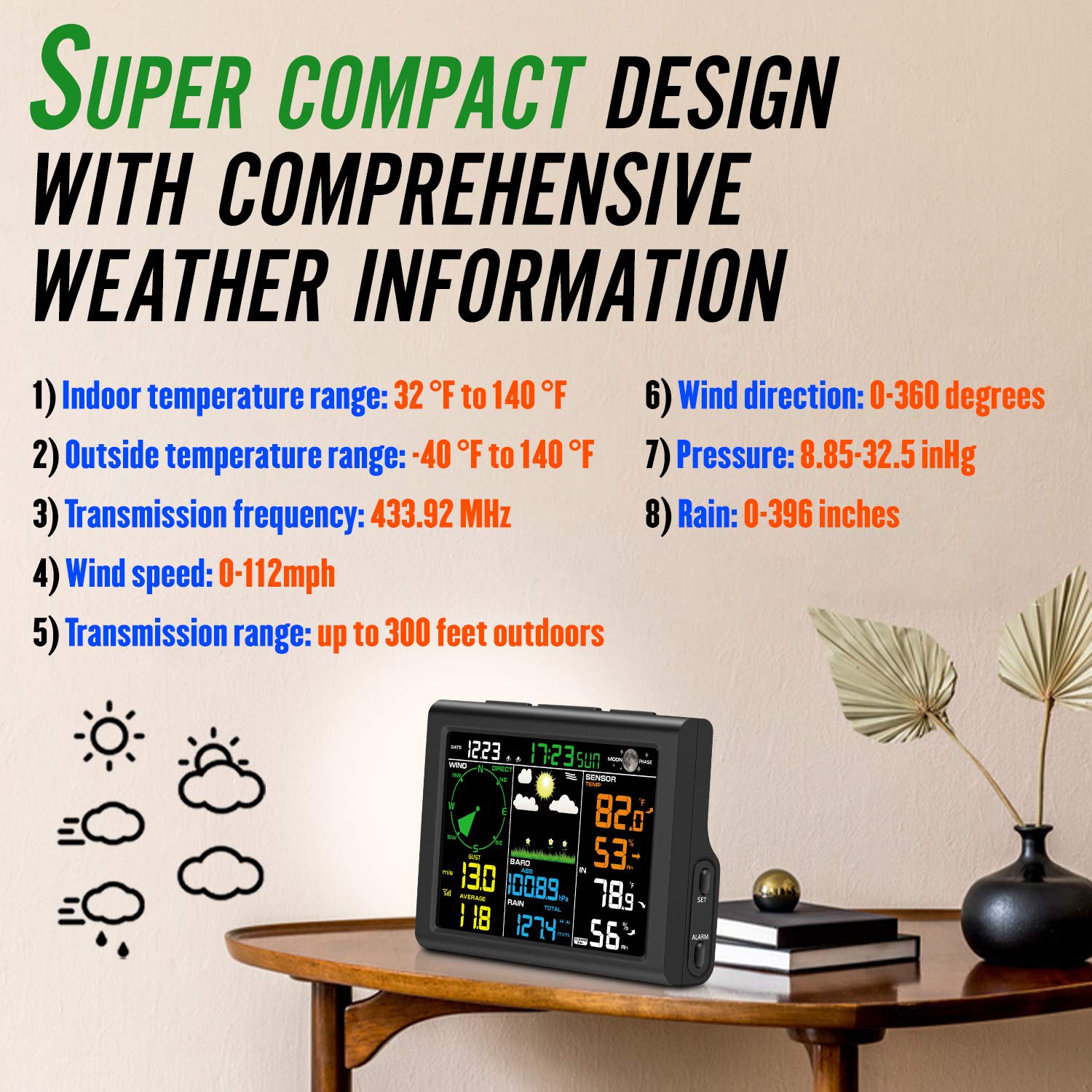 8-in-1 Wireless Weather Station with Outdoor Sensor (Black) U170