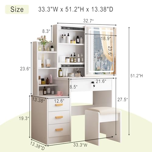 White Vanity Desk with Mirror and Lights, 3 Lighting Modes, Drawers, Open Storage Shelves J3904