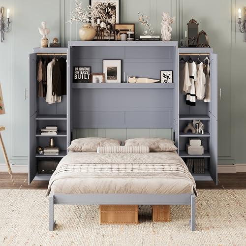 Full Size Wood Murphy Bed with Two Closets and Storage Shelf, Walnut R919758