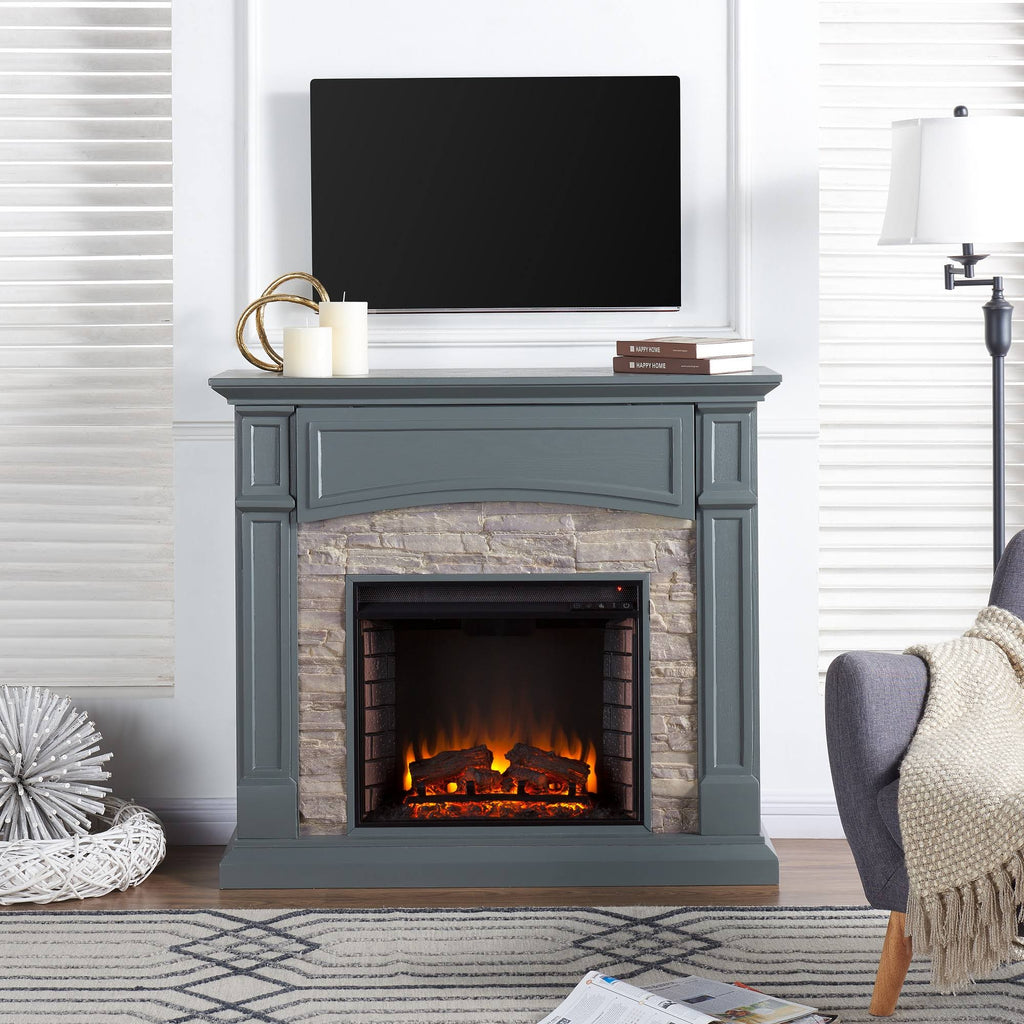 Gray Electric Media Fireplace with Weathered Stone Y3709