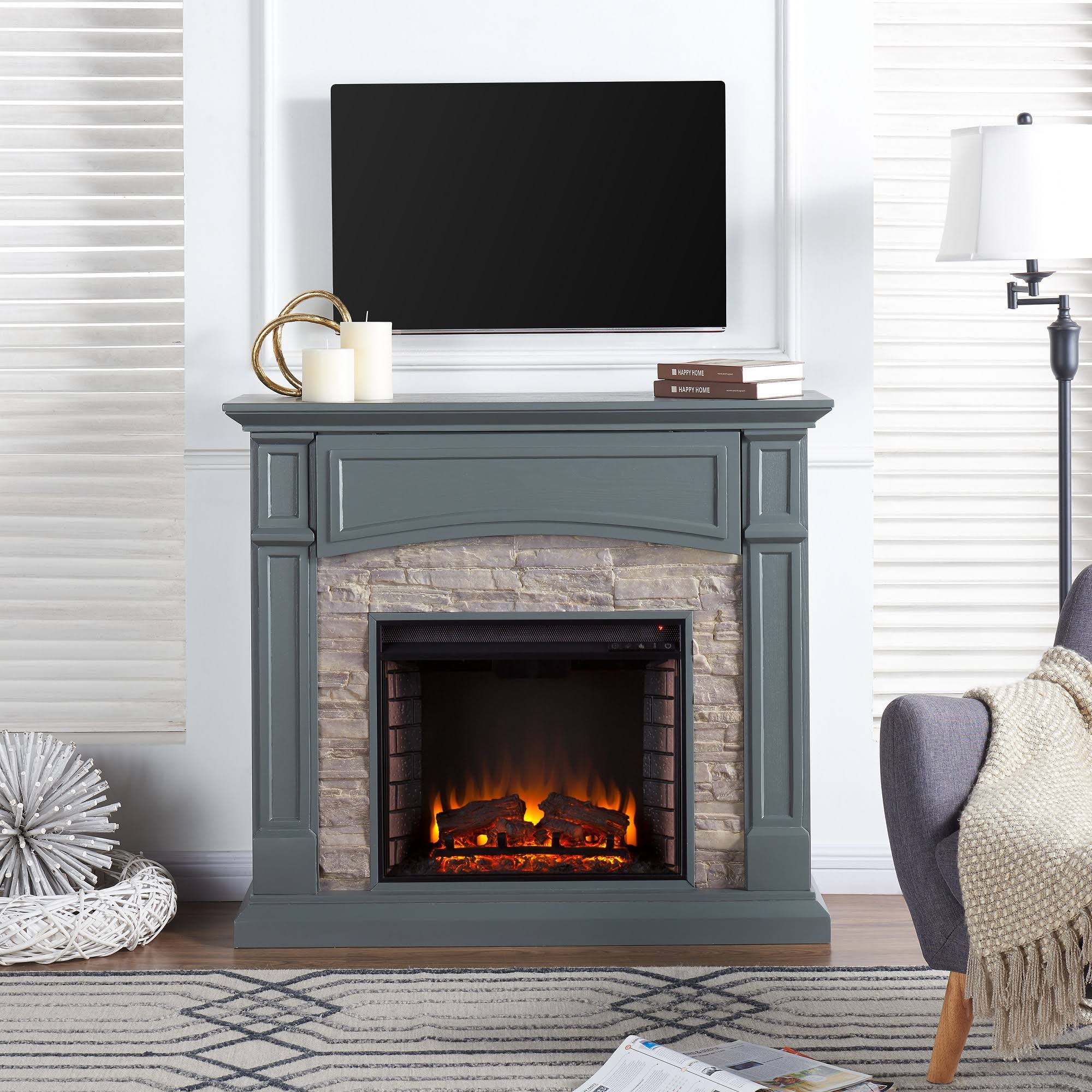 Gray Electric Media Fireplace with Weathered Stone Y3709