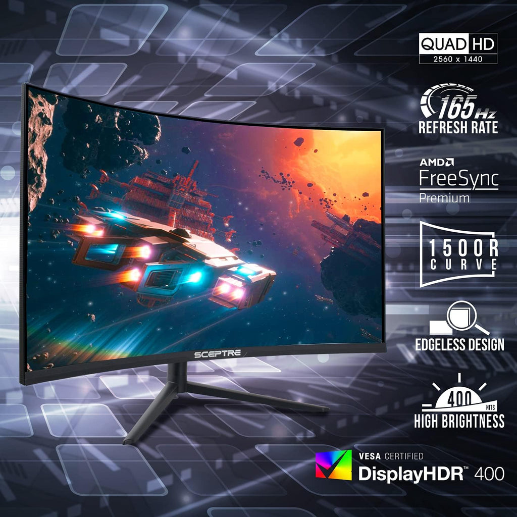 32 inch Curved QHD Gaming Monitor 2560 x 1440 165Hz 1ms HDR400 AMD FreeSync Premium Height Adjustable DisplayPort HDMI Build-in Speakers Black V529095