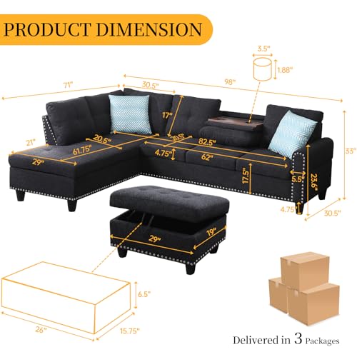 Charcoal Grey L Shaped Sectional Sleeper Sofa with Storage Ottoman L727730