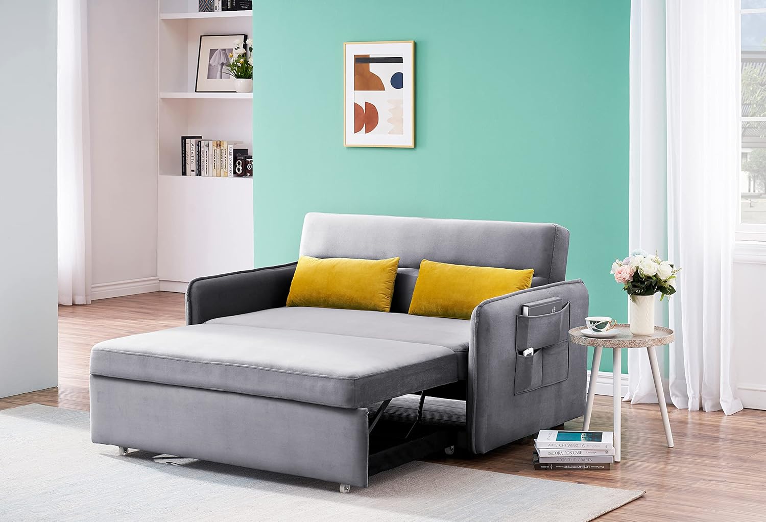 Velvet Pull Out Sofa Bed with Storage Pocket J810