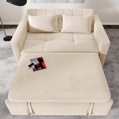 55" Convertible Sofa Bed, 3-in-1 Sleeper Sofa with Pull-Out Bed, Linen Futon Couch, Black A2959