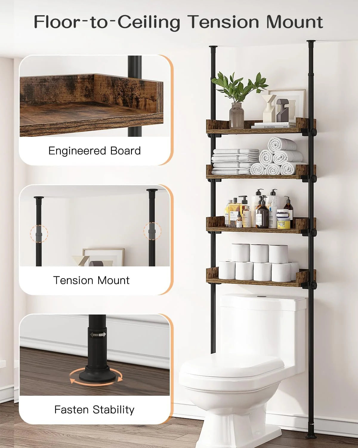4-Tier Adjustable Wood Bathroom Storage Shelves K9137