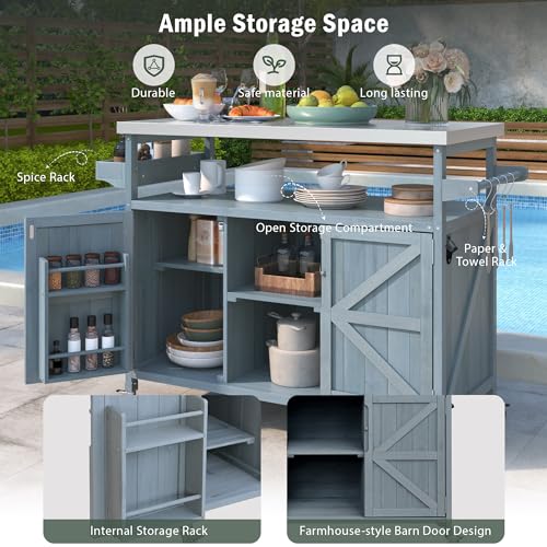 Solid Wood Grill Table with Stainless Steel Top and Internal Storage Racks Q653830