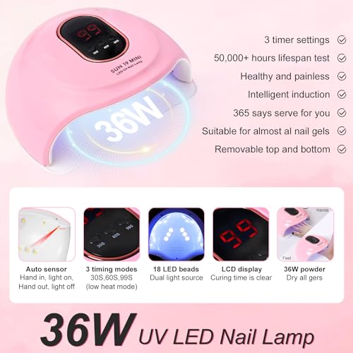 Acrylic Nail Kit with liquid Monomer, 6 colors Acrylic powder, UV Lamp (Pink) W420