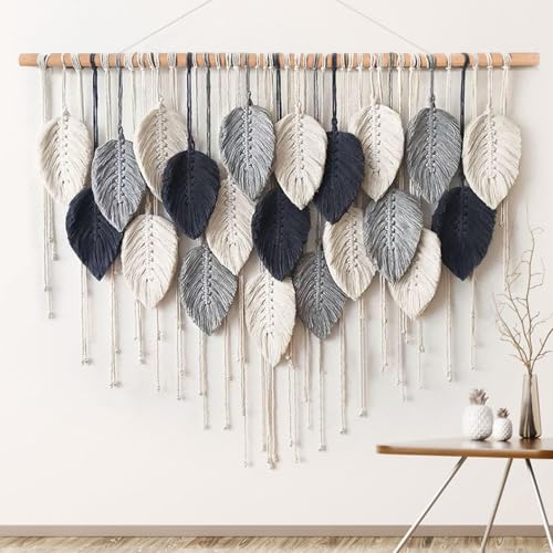 Macrame Wall Hanging Leaf Woven Tapestry Feather Handmade Wall Art 16.5"x29.5" Z88327