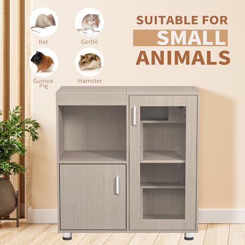 4-Tier Wooden Hamster Cage with Storage Cabinet, Openable Top, Acrylic Windows (Teak) T7916