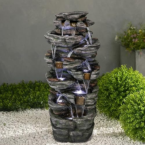 Large Outdoor Water Fountain, 47 1/5” H 9-tier with LED Light, Resin V2754