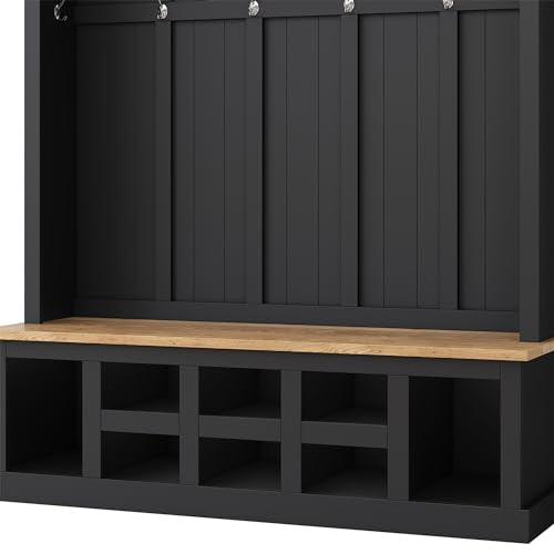 Black Wide Entryway Hall Tree with Storage Bench, Shoe Cabinet with Cube Storage, Coat Rack with 6 Hooks I265321