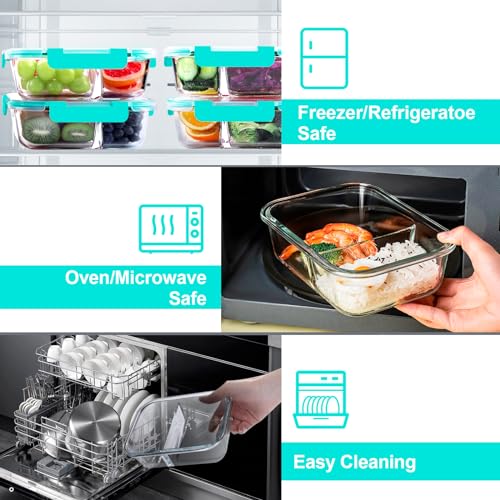 5 Pack Glass Meal Prep Containers 2 Compartment Set, 36OZ Airtight Glass Food Storage Containers with Lids, Grey P726728
