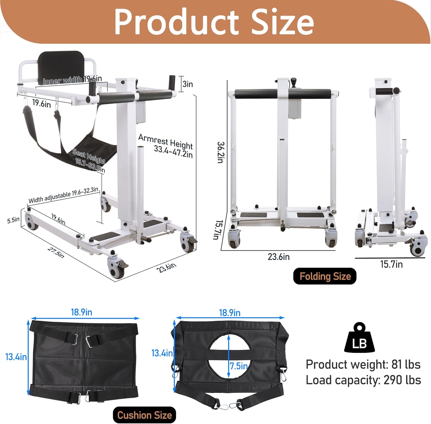 White Foldable Electric Patient Lift Transfer Chair with Adjustable Base R194216