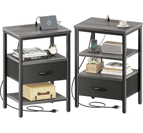 Walnut 3-Tier Nightstand with Fabric Drawer H298