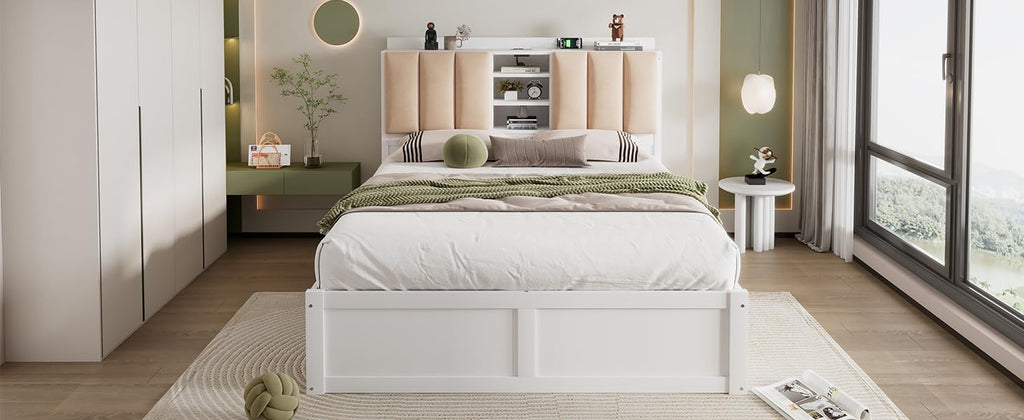 White Wood Full Size Platform Bed with Storage Headboard and 4 Drawers M233