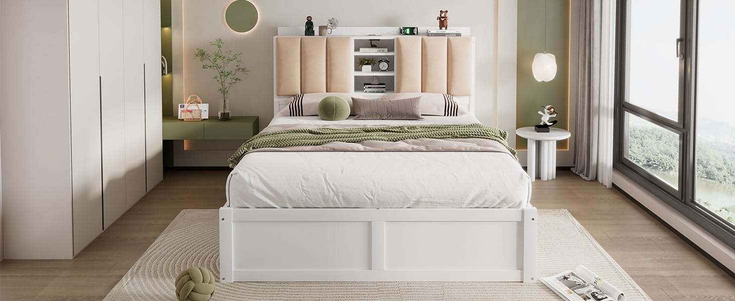 White Wood Full Size Platform Bed with Storage Headboard and 4 Drawers M233