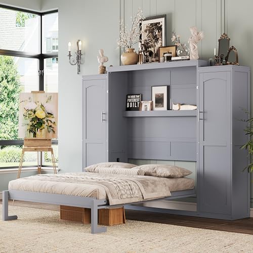 Full Size Wood Murphy Bed with Two Closets and Storage Shelf, Walnut R919758