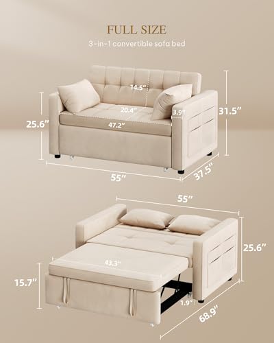 55" Convertible Sofa Bed, 3-in-1 Sleeper Sofa with Pull-Out Bed, Linen Futon Couch, Black A2959