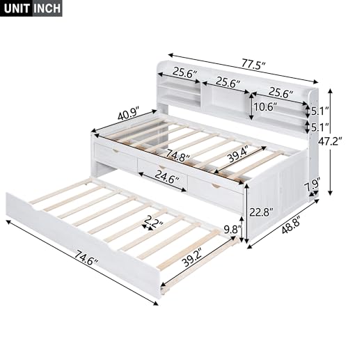 White Wash Wooden Twin Size Captain Bed with Built-in Bookshelves and 3 Storage Drawers and Trundle S277