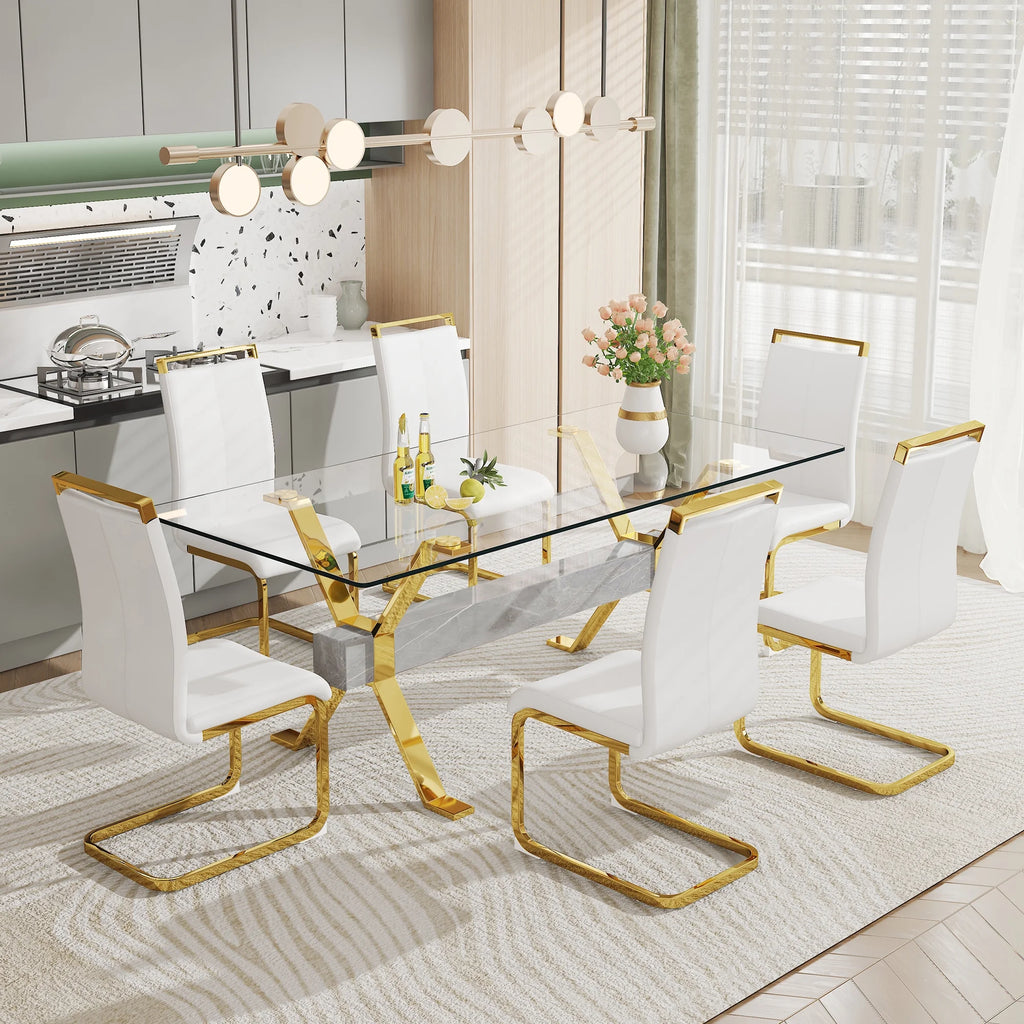 79''x39''x30'' Rectangular Tempered Glass Dining Table with 6 White PU Gold Plated Leg Chairs H47594