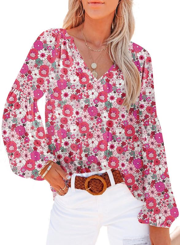 Women's Floral Print V Neck Long Sleeve Loose Blouses Tops A628