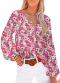Women's Floral Print V Neck Long Sleeve Loose Blouses Tops A628