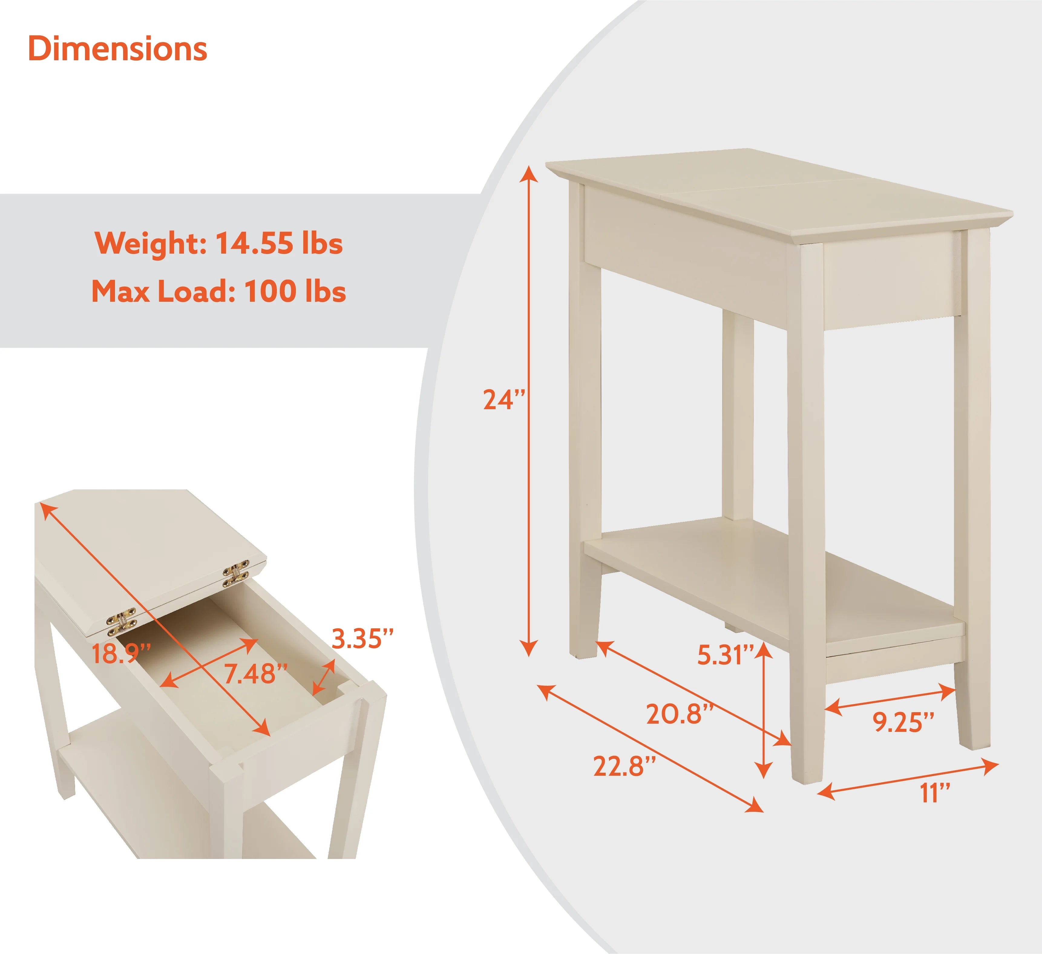 Cream Narrow End Table with Storage Shelf H5270