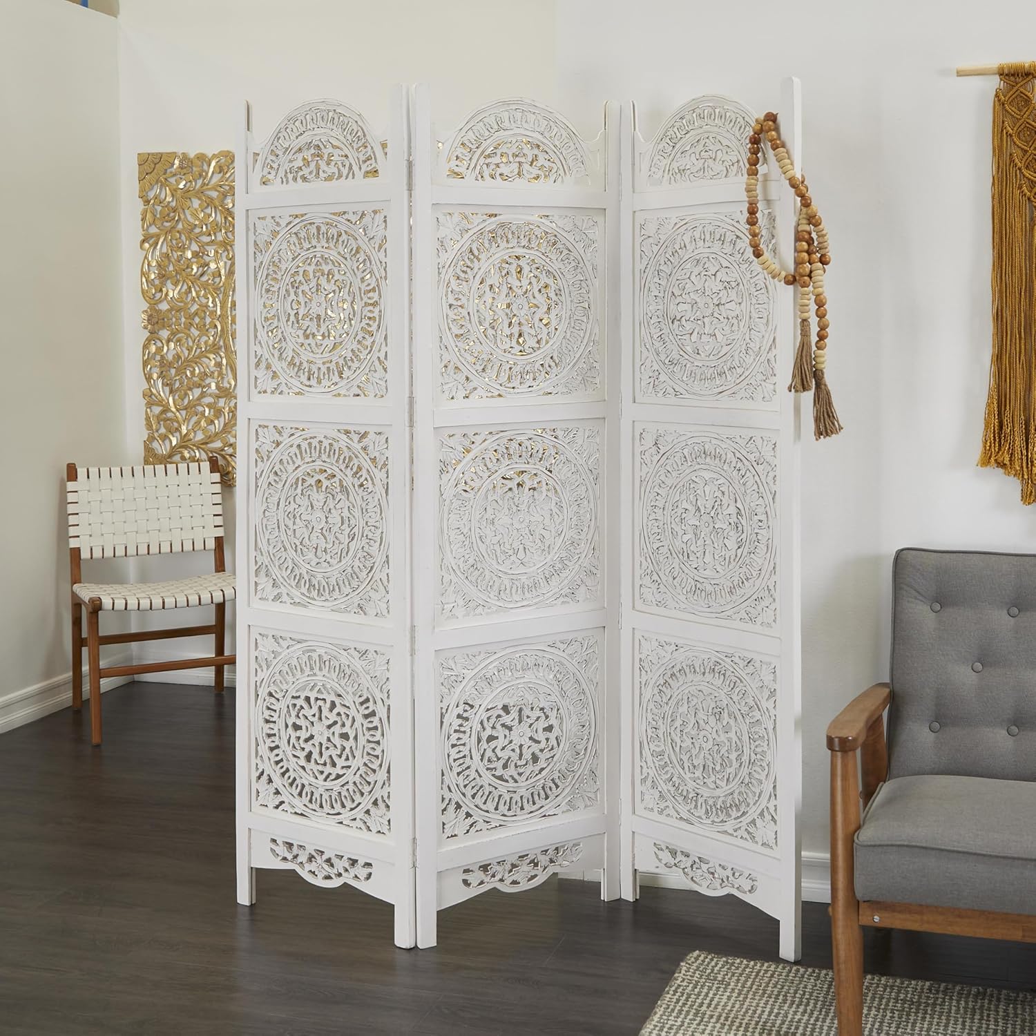 White 3 Panel Wood Room Divider Screen F88512