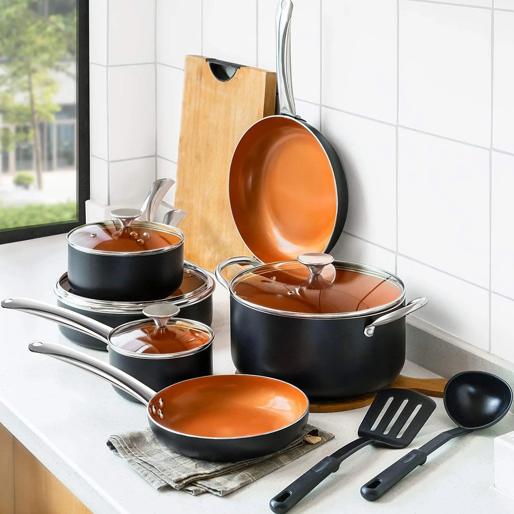 12 Piece Nonstick Copper Ceramic Cookware Set with Spatula & Spoon L468