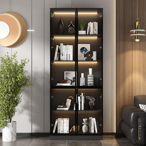 Black Glass Display Cabinet with 5-Tier Shelves and 4 Doors D9293