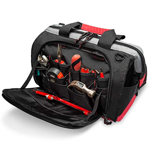 16-inch Wide Mouth Tool Tote Bag with 25 Pockets and Adjustable Shoulder Strap, Black/Red W20410