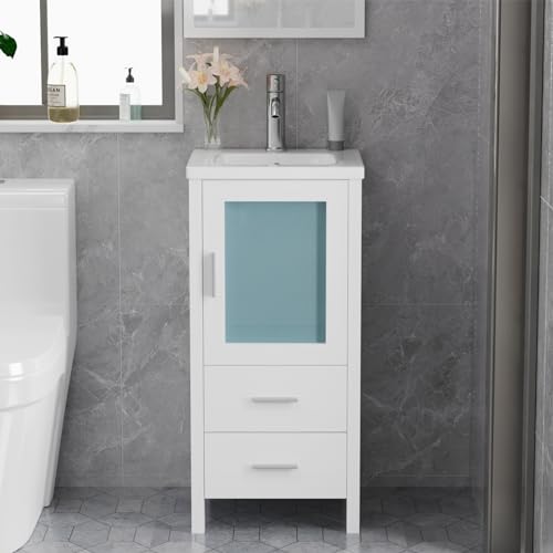16" Single Sink Bathroom Vanity with Faucet and Drain (White) C3734