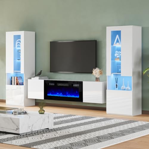 White High Gloss Entertainment Center with LED Lights, 40" Electric Fireplace, 2 Bookcases with Glass Doors L547