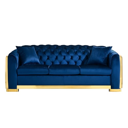 Blue Tufted Velvet 3 Seater Sofa with 2 Pillows J6858