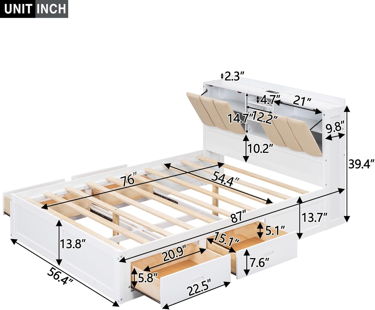 White Wood Full Size Platform Bed with Storage Headboard and 4 Drawers M233
