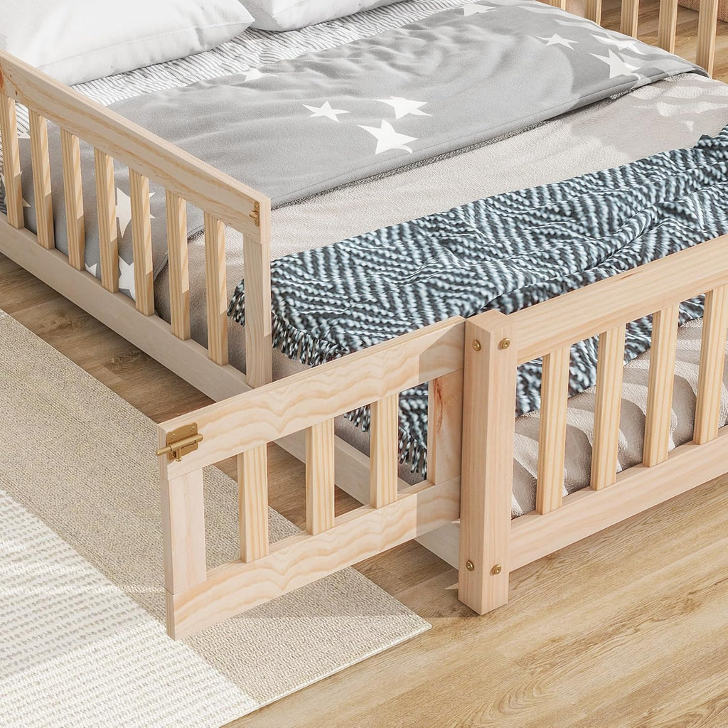 Natural Full Size Floor Bed Frame with Fence and Door J194965
