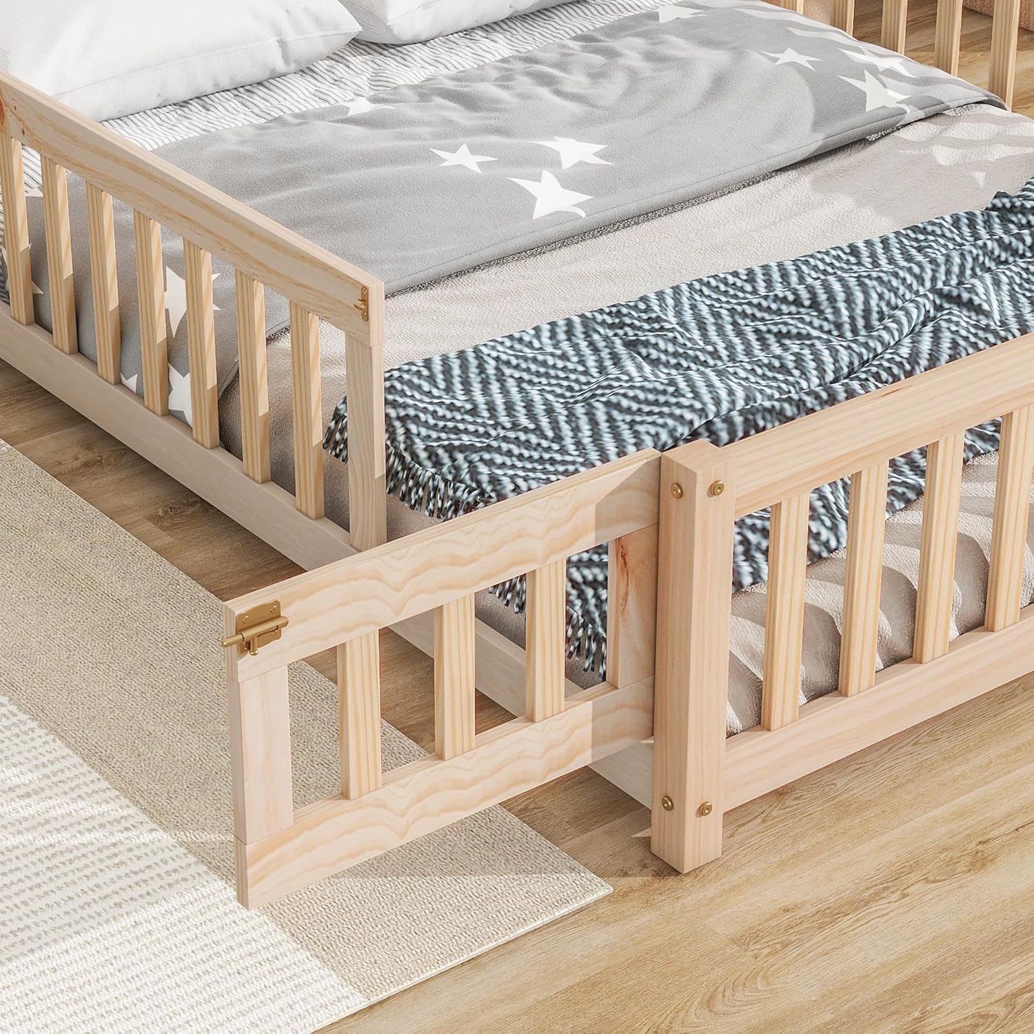 Natural Full Size Floor Bed Frame with Fence and Door J194965