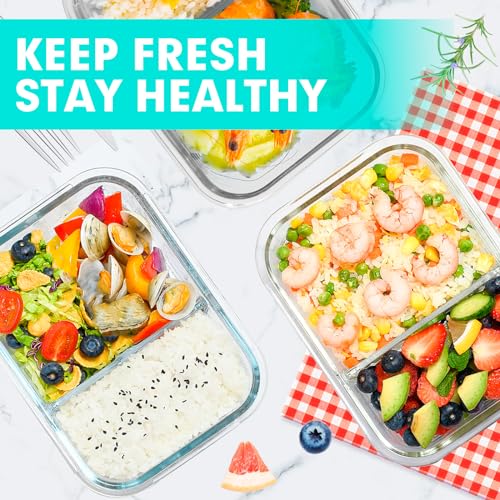 5 Pack Glass Meal Prep Containers 2 Compartment Set, 36OZ Airtight Glass Food Storage Containers with Lids, Grey P726728