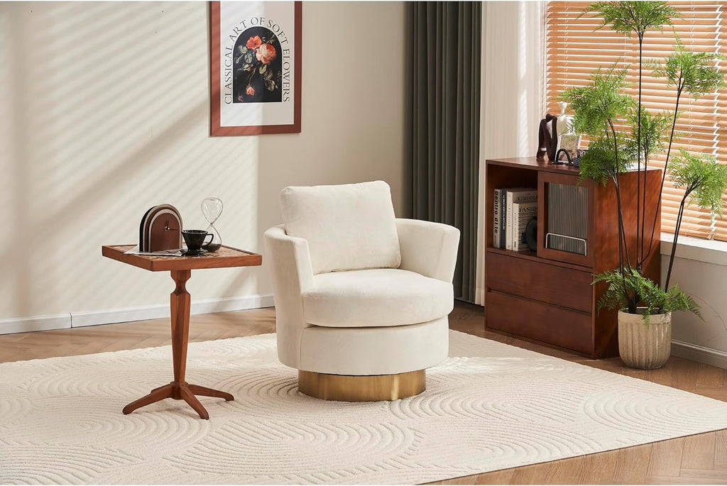 Beige Velvet Swivel Barrel Chair with Gold Stainless Steel Base T511365