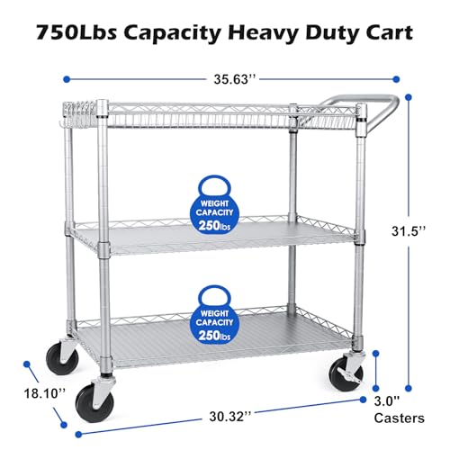 3 Tier Wire Rolling Utility Cart with Wheels and Handle Bar O53880