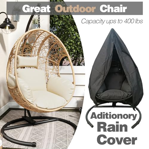 Oversized Outdoor Hanging Egg Chair with Stand, All Weather Wicker, Waterproof Cushion T438