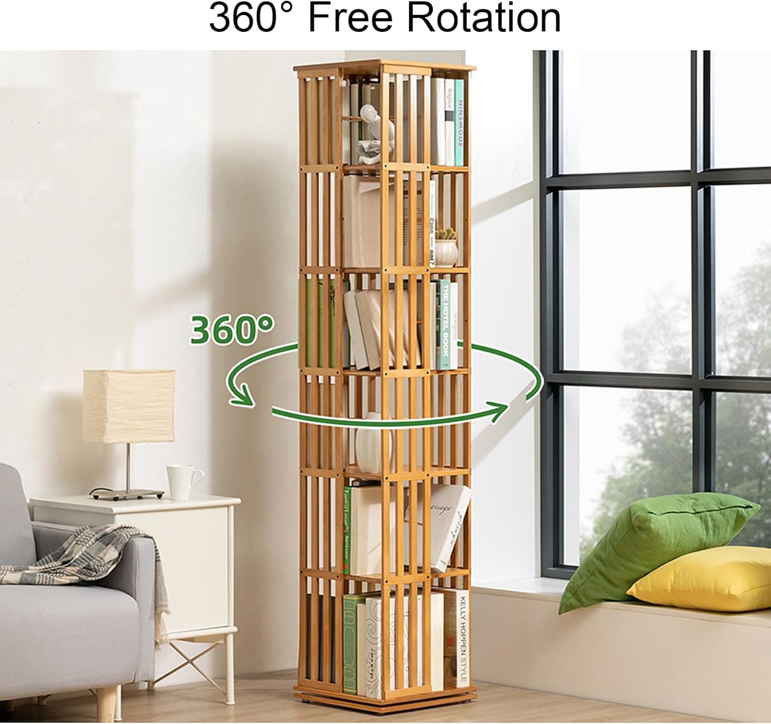 Bamboo 360 Rotating Bookshelf 6 Tier Floor Standing Bookcase Storage Shelves N281222