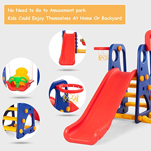Toddler Long Slide Set, 3-in-1 Large Climber Playset with Basketball Hoop, Stairs, Thickened Panel, Playground Swing M665